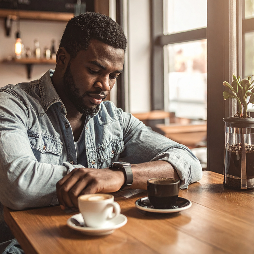 A man waits for a friend in a coffee shop